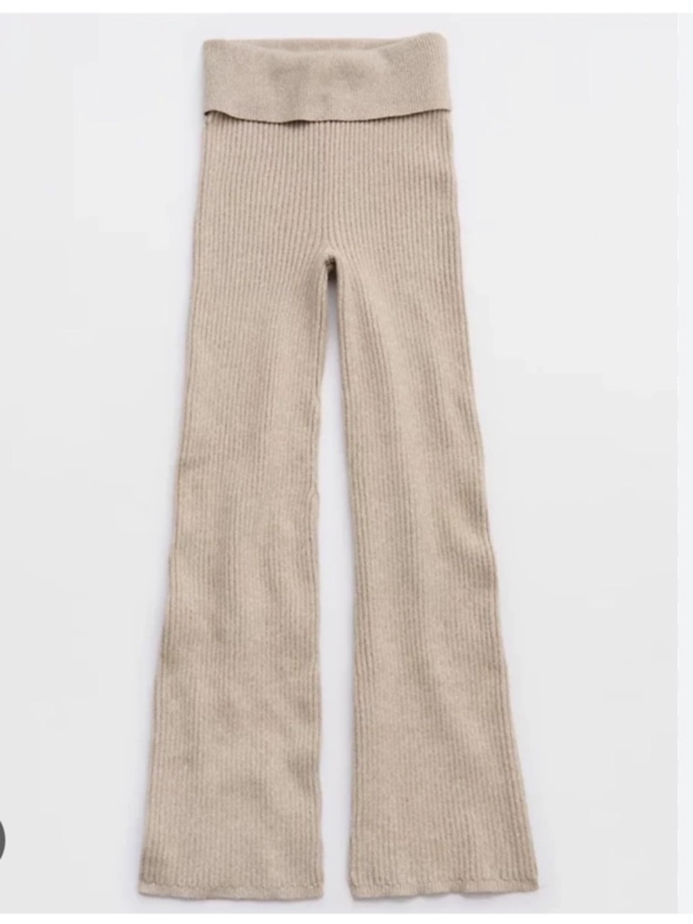 Aerie ribbed Late Night fold over flared knit pants in beige - Picture 2 of 5